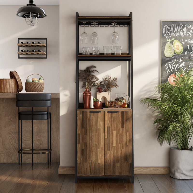 Traynor Walnut & Black Powder Coated Bar Cabinet with Stemware Racks