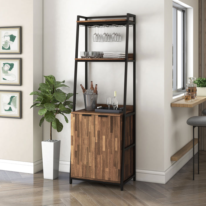 Traynor Walnut & Black Powder Coated Bar Cabinet with Stemware Racks