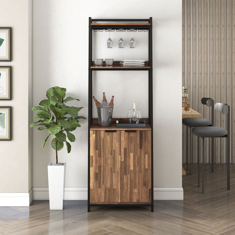 Traynor Walnut & Black Powder Coated Bar Cabinet with Stemware Racks