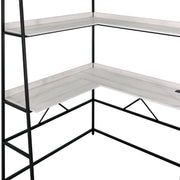 Right angled close up modern light oak and black corner desk and hutch desktop and shelf detail on a white background