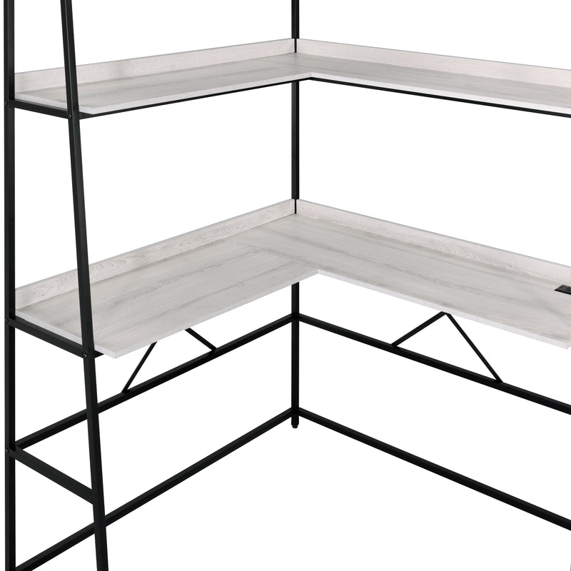 Right angled close up modern light oak and black corner desk and hutch desktop and shelf detail on a white background