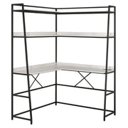 Left angled modern light oak and black corner desk and hutch with USB ports on a white background