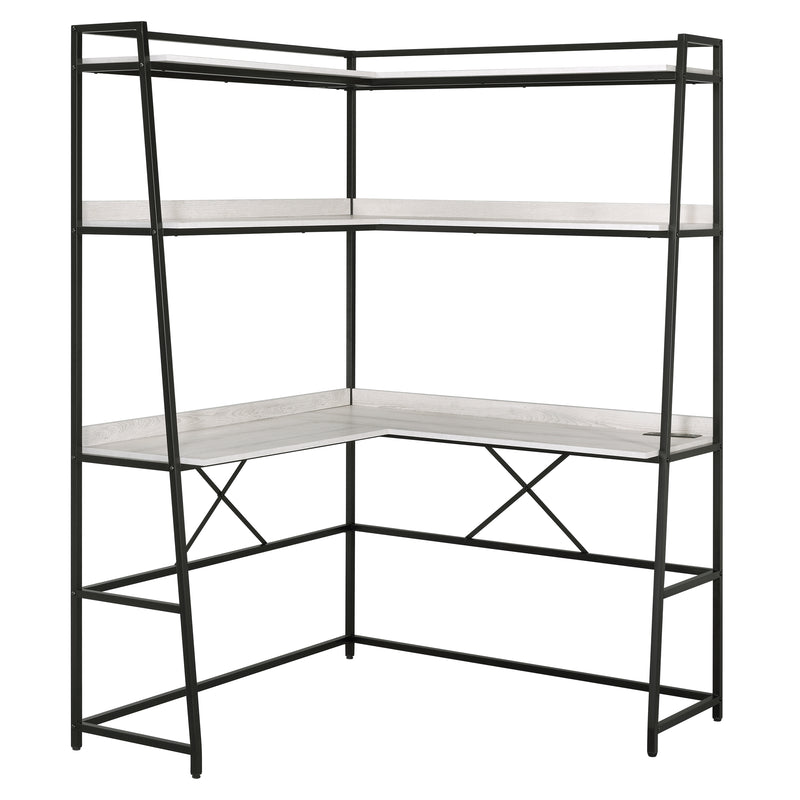 Left angled modern light oak and black corner desk and hutch with USB ports on a white background