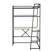 Front-facing side view modern light oak and black corner desk and hutch with USB ports on a white background