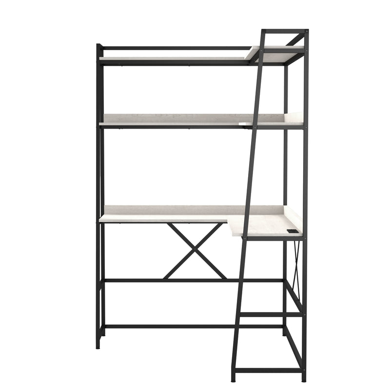 Front-facing side view modern light oak and black corner desk and hutch with USB ports on a white background