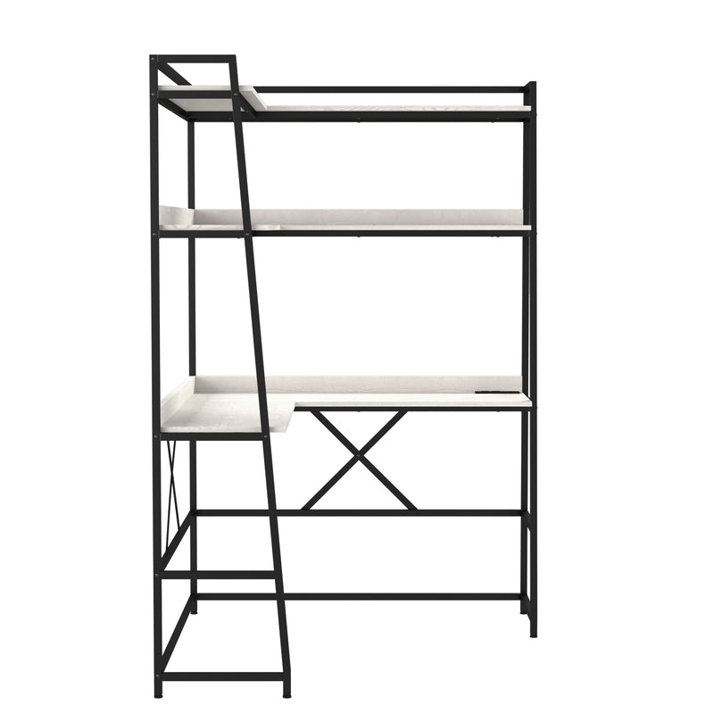 Front-facing side view modern light oak and black corner desk and hutch with USB ports on a white background