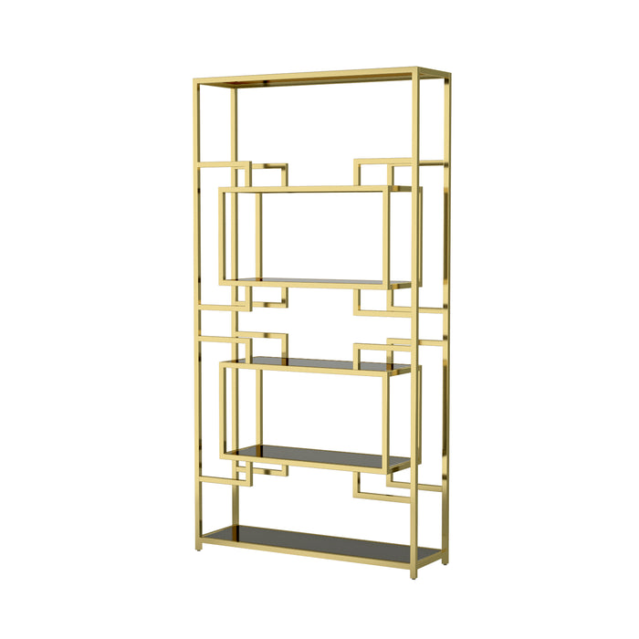 Left-angled modern glam geometric etagere bookcase in gold with five shelves on a white background