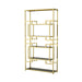 Left-angled modern glam geometric etagere bookcase in gold with five shelves on a white background