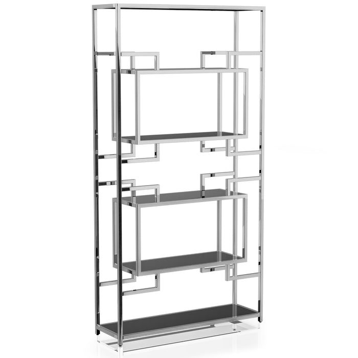 Right-angled modern glam geometric etagere bookcase in chrome with five shelves on a white background