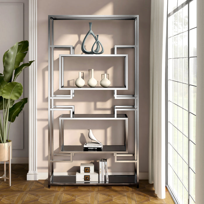 Front-facing modern glam geometric etagere bookcase in chrome with five shelves in a contemporary living area with accessories