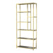 Left-angled modern glam staggered shelf etagere bookcase in gold with six shelves on a white background