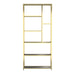 Front-facing modern glam staggered shelf etagere bookcase in gold with six shelves on a white background