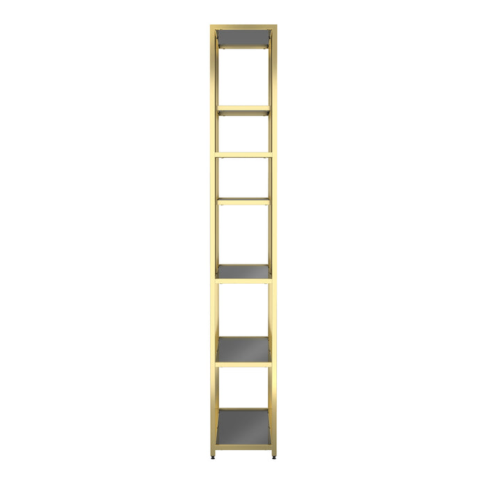 Side view modern glam staggered shelf etagere bookcase in gold with six shelves on a white background