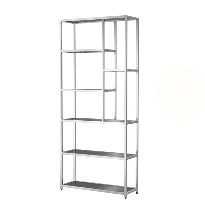 Left-angled modern glam staggered shelf etagere bookcase in chrome with six shelves on a white background