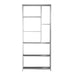 Front-facing modern glam staggered shelf etagere bookcase in chrome with six shelves on a white background