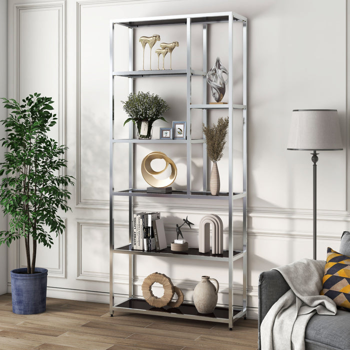 Right-angled modern glam staggered shelf etagere bookcase in chrome with six shelves in a contemporary living space with accessories