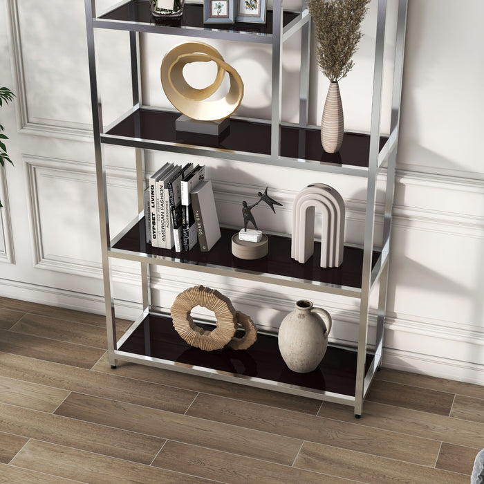 Front-facing close up modern glam staggered shelf etagere bookcase in chrome with six shelves in a contemporary living space with accessories