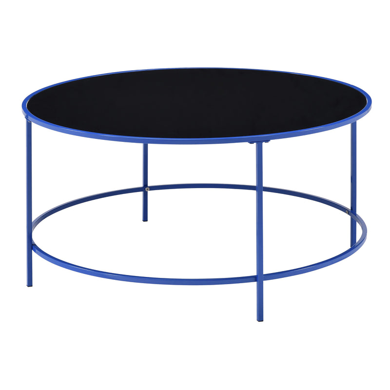 Front-facing contemporary blue and black glass round coffee table on a white background