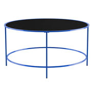 Front-facing contemporary blue and black glass round coffee table on a white background