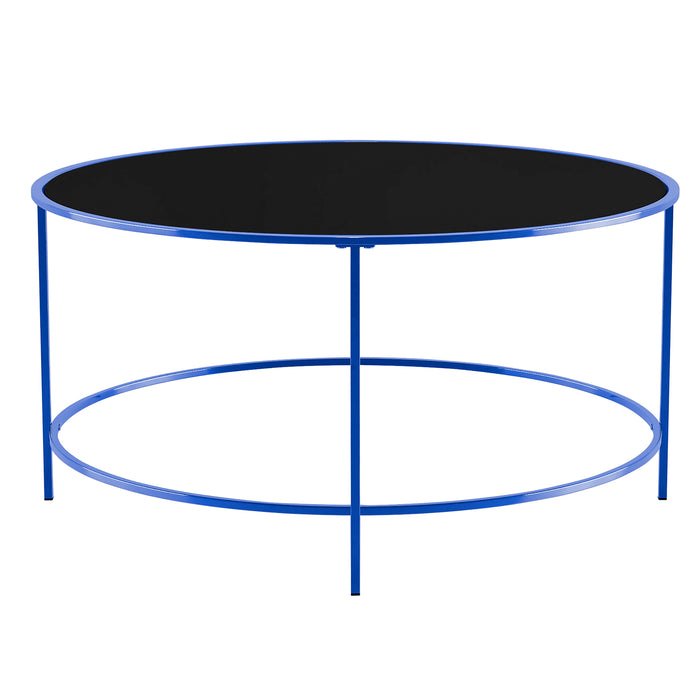 Front-facing contemporary blue and black glass round coffee table on a white background