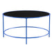 Front-facing contemporary blue and black glass round coffee table on a white background