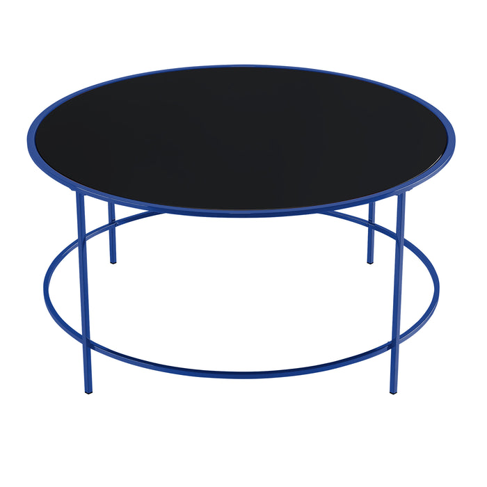 Front-facing top view of a contemporary blue and black glass round coffee table on a white background