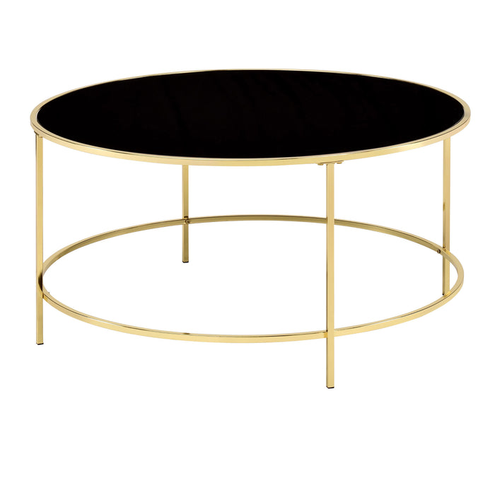 Front-facing contemporary champagne and black glass round coffee table on a white background