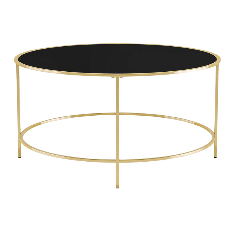 Front-facing contemporary champagne and black glass round coffee table on a white background