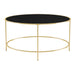 Front-facing contemporary champagne and black glass round coffee table on a white background