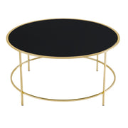 Front-facing top view of a contemporary champagne and black glass round coffee table on a white background
