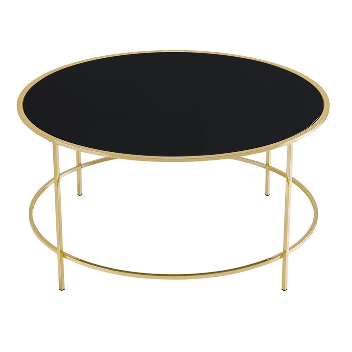 Front-facing top view of a contemporary champagne and black glass round coffee table on a white background