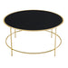 Front-facing top view of a contemporary champagne and black glass round coffee table on a white background
