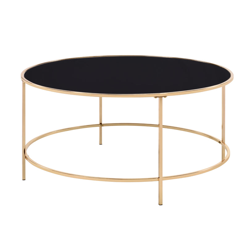 Front-facing contemporary gold and black glass round coffee table on a white background