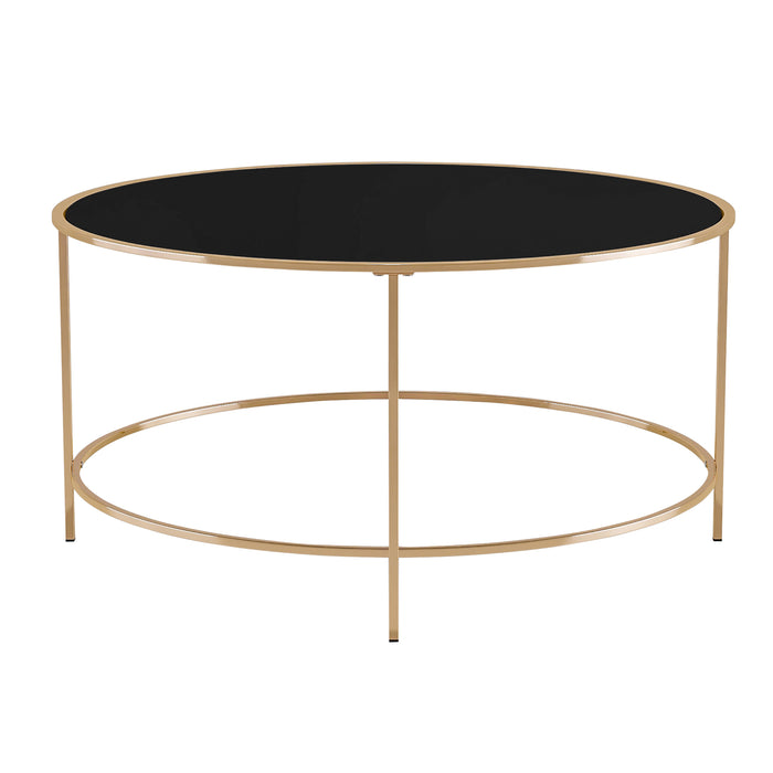 Front-facing contemporary gold and black glass round coffee table on a white background