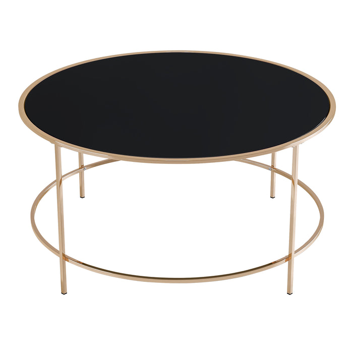 Front-facing top view of a contemporary gold and black glass round coffee table on a white background