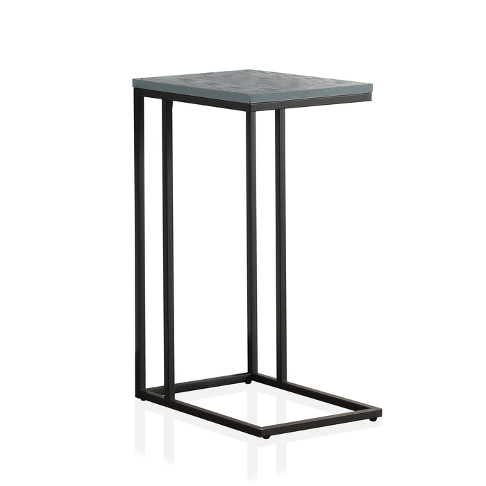 Left angled urban black and antique blue C-shaped rectangular side table on a white background