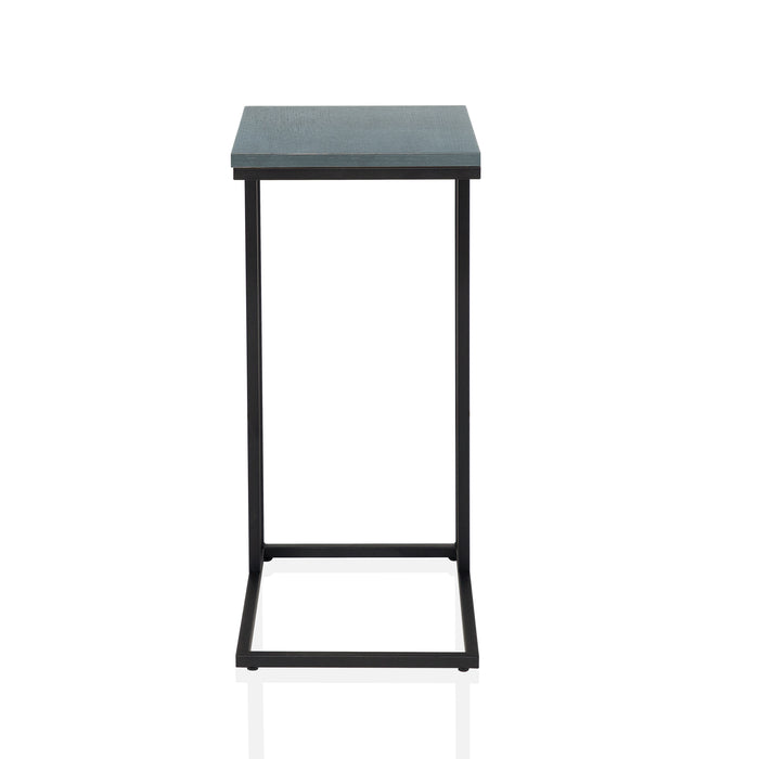 Front-facing urban black and antique blue C-shaped rectangular side table on a white background