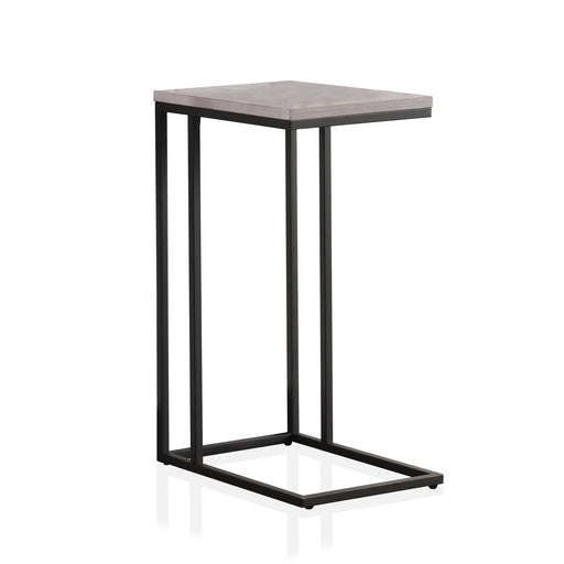 Left angled urban black and antique white C-shaped rectangular side table on a white background
