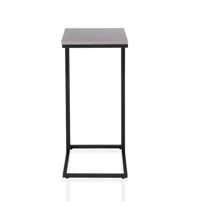 Front-facing urban black and antique white C-shaped rectangular side table on a white background