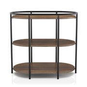 Front facing urban oval three-tier side table with power outlets and USB ports on a white background