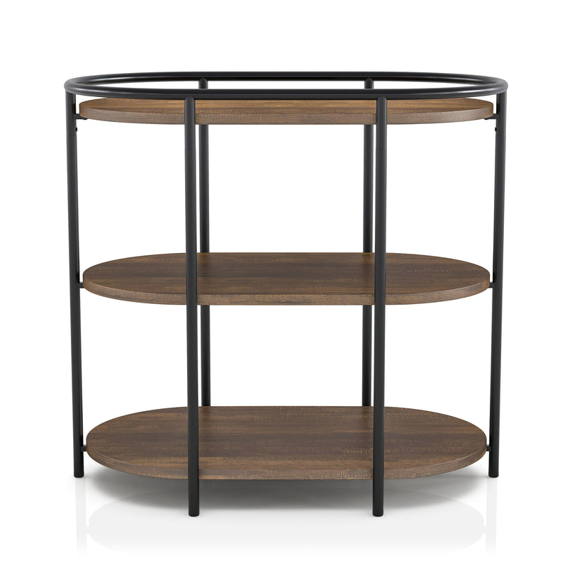 Front facing urban oval three-tier side table with power outlets and USB ports on a white background