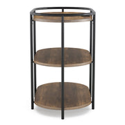 Front facing side view of a urban oval three-tier side table with power outlets and USB ports on a white background