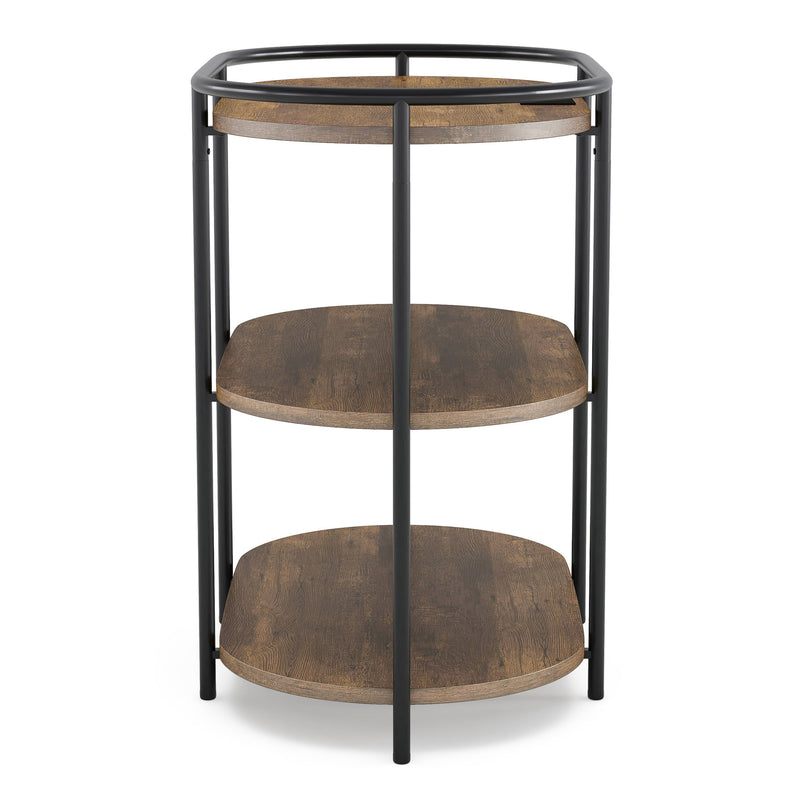 Front facing side view of a urban oval three-tier side table with power outlets and USB ports on a white background