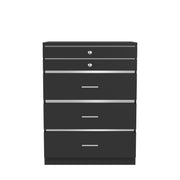 Front-facing high gloss black jewelry chest against a white background. Chrome trim divides the drawers.