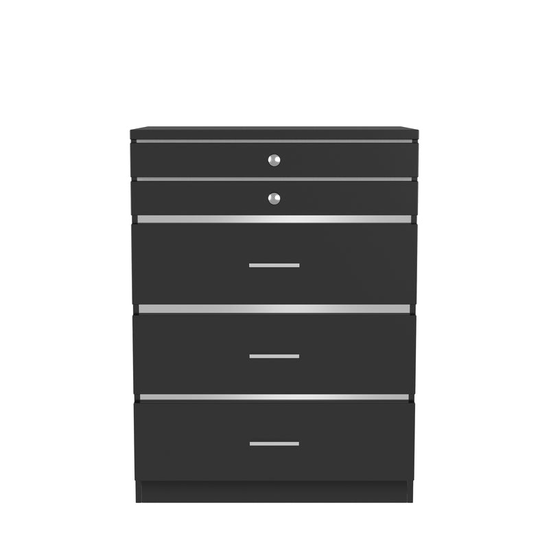 Front-facing high gloss black jewelry chest against a white background. Chrome trim divides the drawers.