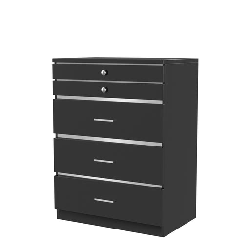 Left-angled high gloss black jewelry chest against a white background. Chrome trim divides the drawers.