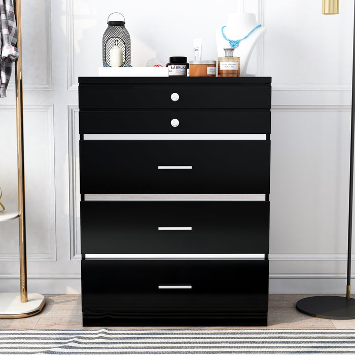 Front-facing high gloss black jewelry chest in a glam bedroom.