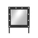 Front-facing black, LED bulbed, mirror against a white background. Two power outlets and USB ports are built-in to the base of the frame.
