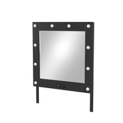Left-angled black, LED bulbed, mirror against a white background. Two power outlets and USB ports are built-in to the base of the frame.