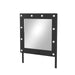 Left-angled black, LED bulbed, mirror against a white background. Two power outlets and USB ports are built-in to the base of the frame.
